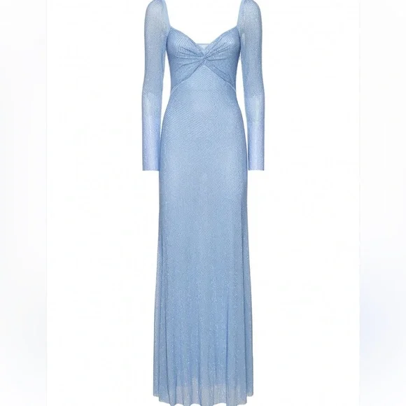 Self-Portrait Iridescent Blue Crystal Rhinestone Long Sleeve Maxi Gown Size 4 - Picture 3 of 16